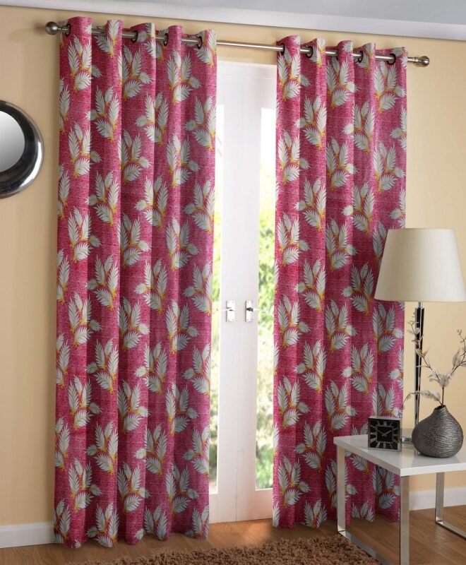 Fancy Print  Silver Coin Leaf Curtains set of 2 Pink